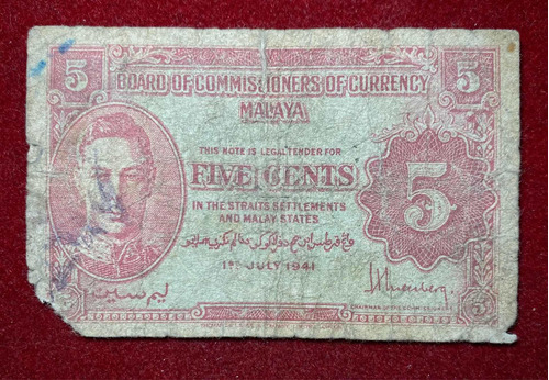 Billete 5 Cents Malaya 1941 Pick 7 B De La Rue 2da Guerra