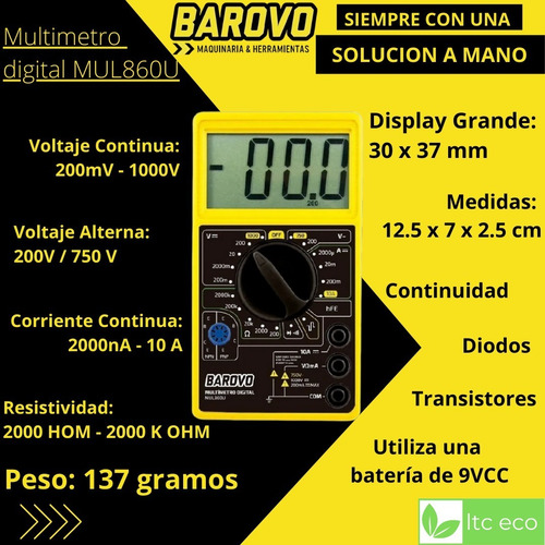 Imagen 2 de 9 de Tester Multimetro Digital Barovo Voltimetro Amperimetro 10a