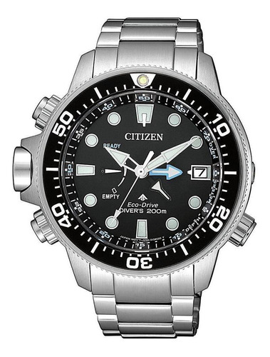 Relógio de pulso Citizen Promaster BN203 com corpo prateado,  analógico, para masculino, fundo  preto, com correia de metal cor prateado, agulhas cor verde e branco, subdials de cor verde e branco, ponteiro de minutos/segundos prateado, bisel cor preto e dobrável