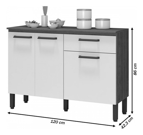 Balcão De Cozinha Versalhes 3 Portas 1 Gaveta Freijó/gris Cor Cinza