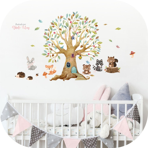 Vinilo Decorativo Infantil Bebe Árbol Y Animales En Acuarela