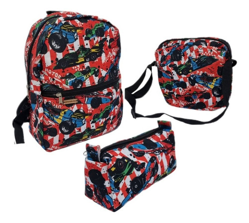 Bolso Morral Infantil + Lonchera + Cartuchera Carro Colegial