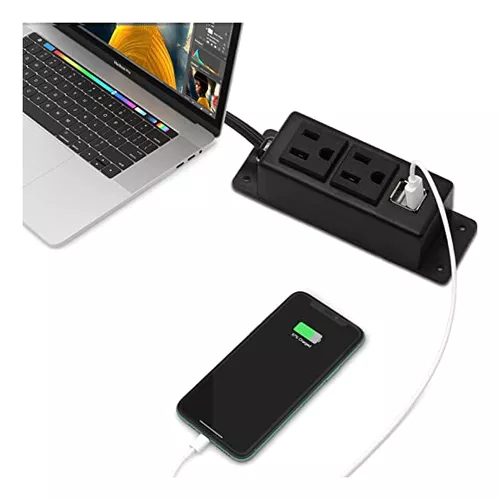Regleta de alimentación con USB, toma de corriente de escritorio BTU con 2  salidas de CA, 2 puertos USB, cable de extensión de 6.56 pies, montaje