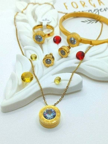 Collar+aretes+pulsera De Acero Dorado & Circonias