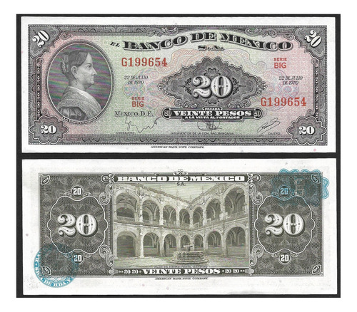 Grr-billete México 20 Pesos 22.7.1970 Serie B I G - Josefa O