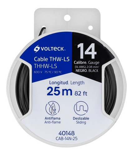 Carrete Con 25m De Cable Thhw-ls 14 Awg Negro Volteck 40148