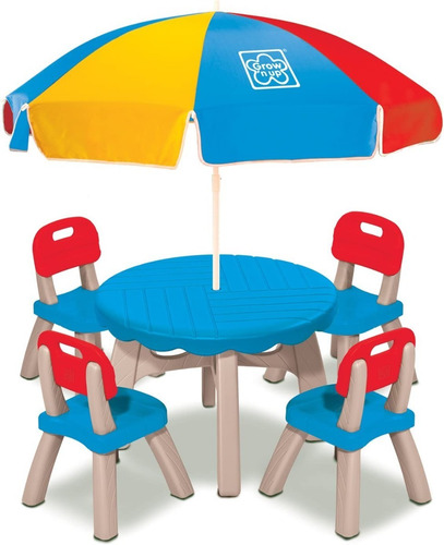 Imagen 4 de 7 de Mesa Picnic Niños Mesita 4 Bancas Y Sombrilla Multicolor