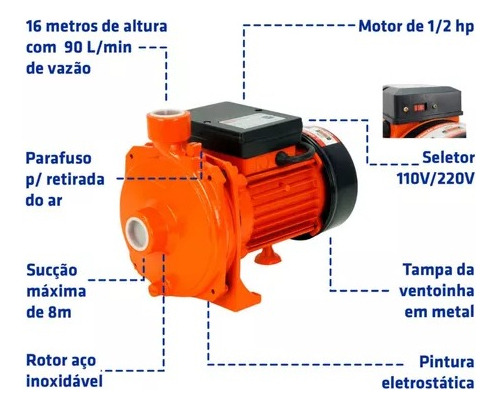 Bomba D'água Centrífuga Bc500 1/2 Hp Com Chave De Voltagem