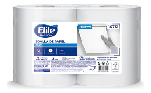 Elite Toalla De Papel Plus Una Hoja 200 Metros 2 Rollos