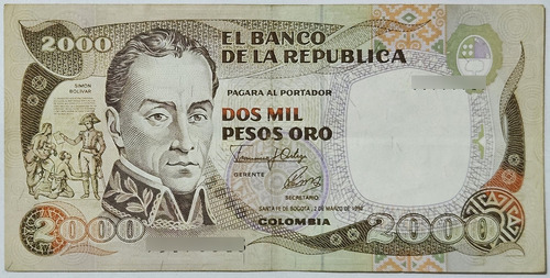 Billete 2000 Pesos 02/mar/1992 Colombia Xf