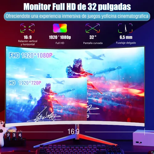 Pantalla curva para juegos, pantalla IPS con HDMI, monitor Full HD 1080P de  32 pulgadas 75 Hz, ángulo de visión amplio de 178˚ Adecuado para