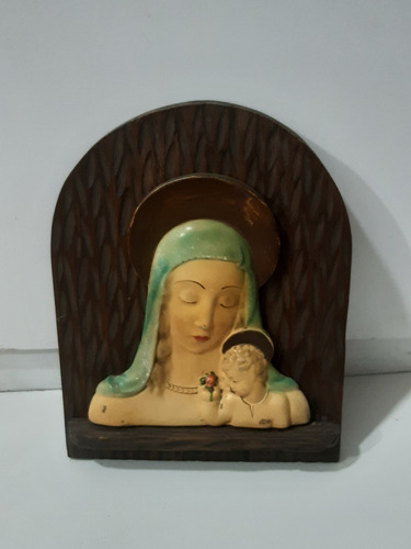 Figura Virgen Maria Y Niño Jesus, Ceramica Y Madera