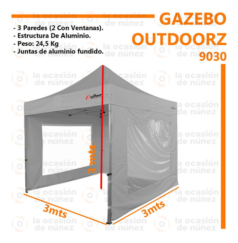 Imagen 2 de 7 de Gazebo Aluminio Plegable 3x3 Outdoorz 3 Laterales Carpa 9030