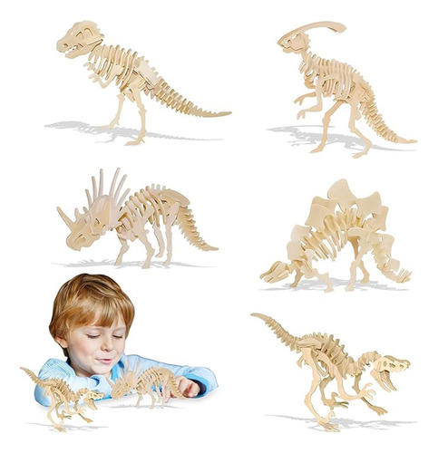 6 Rompecabezas Dinosaurios 3d Madera Para Niños,corte Láser