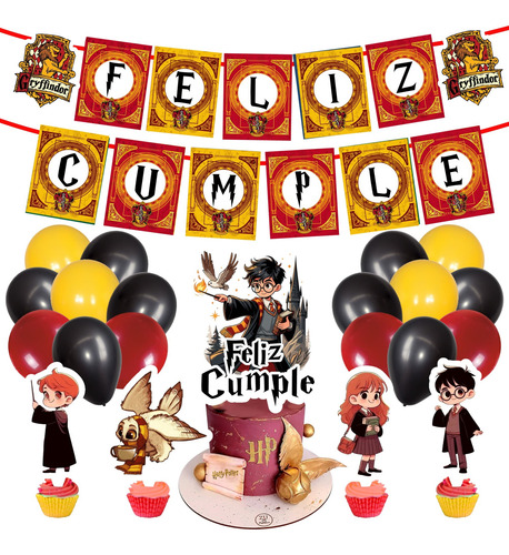 Set Globos+ Banderin+ Topper Harry Potter Feliz Cumple Bordó Harry Potter Gryffindor Feliz Cumpleaños