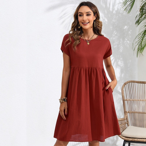 Elegante Vestido Corto Holgado Con Cuello En O Liso