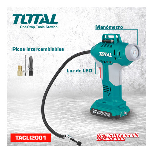 Imagen 1 de 6 de Inflador Inalámbrico De Mano 20v Total TACLI2001 150 psi sin batería ni cargador