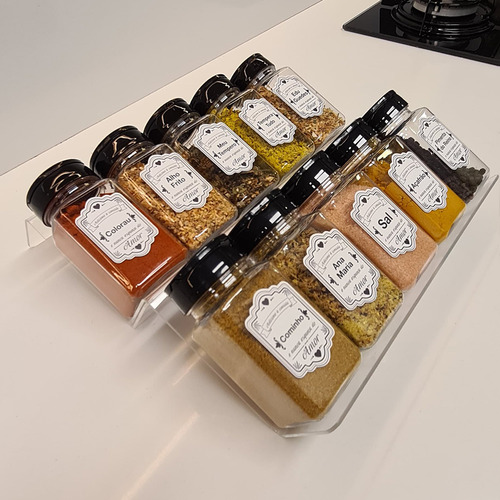 Kit 3 Suportes De Acrílico Pra Tempero + 30 Rótulos 15 Potes