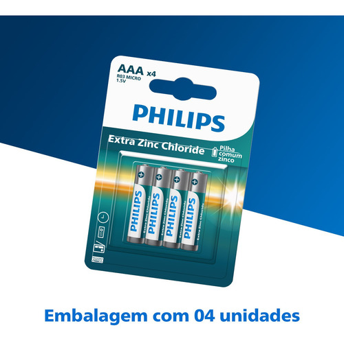 Pilha Zinco Aaa Philips Bateria Carvão 3a Palito 4 Unidades