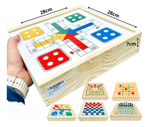 Conjunto Jogos De Mesa 5x1 Xadrez, Dama, Ludo, Trilha, Jogo