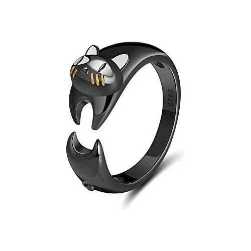Anillos Bisutería - Ginny Cat Kitty Wrap Black Over 925 Ster