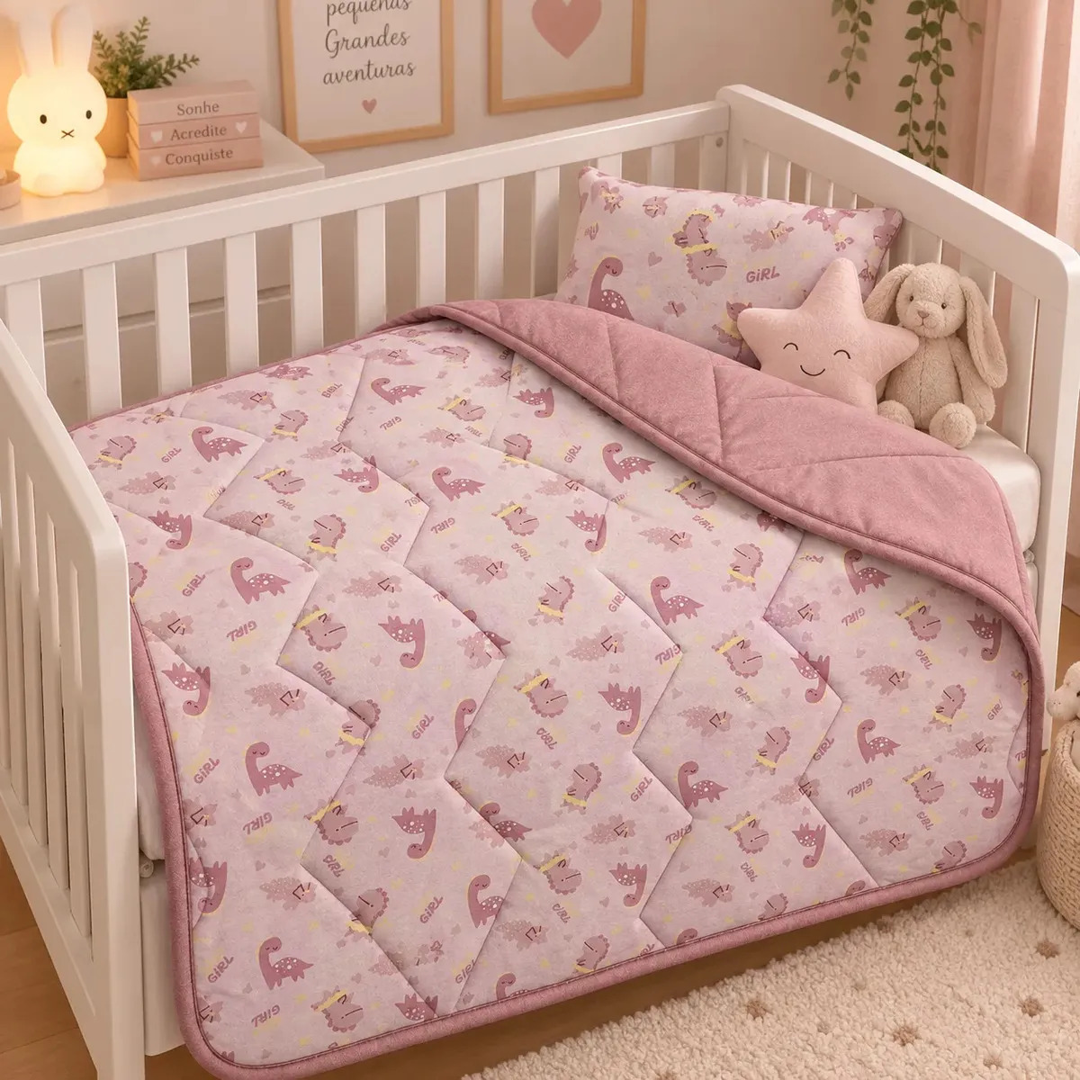 Edredom De Berço Malha 100% Algodão - Linha Baby Infantil Dino Rosa Dinossauro Dino Rosa