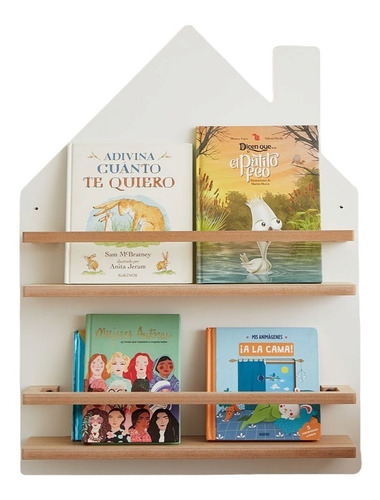 Imagen 3 de 10 de Repisa Casita Colgante Con Estantes Y Sujeta Libros Nordica