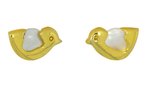 Aretes Broquel Pajarito Oro 14k Madre Perla Stellina Bebés