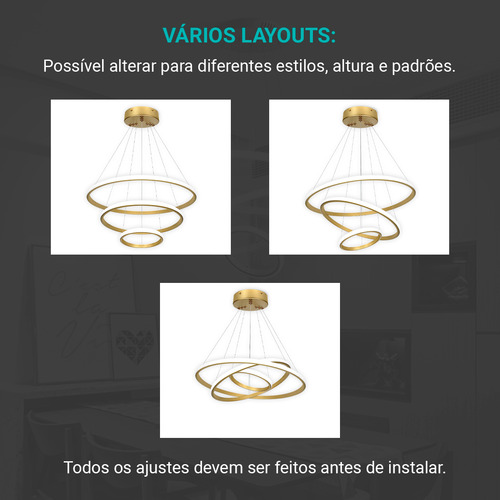 Lustre Pendente Led Moderno Anéis Led 89w 3 Arcos Preto Estrutura Dourado 110v/220v
