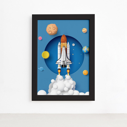 Quadro Astronauta Foguete Em Órbita Moldura Preta 33x43cm Cor Azul Cor da armação Preto