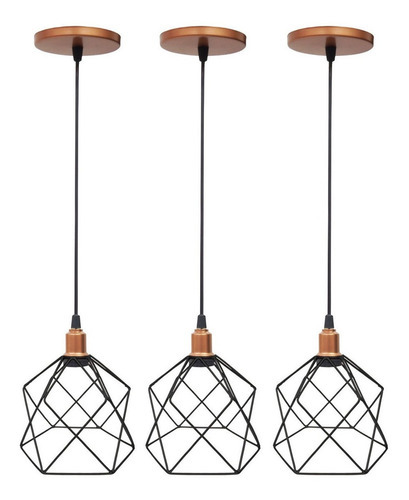 3 Pendentes Aramado Cálice Balcão Lustre Luxo Canopla Retrô Cor Cobre Rose Gold/Preto