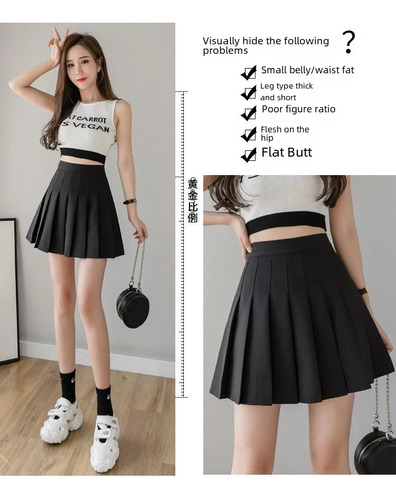 Minifalda Plisada Negra De Cintura Alta Para Niña, Uniforme