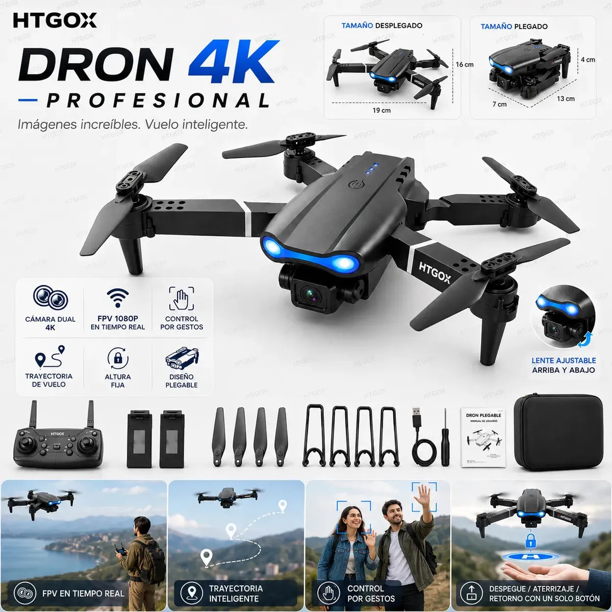 Htgox Mini E99 Drone Profesional 4K Cámara Dual Ajustable, 1080P, Drone Plegable, Incluye 2 Baterías + Estuche Portátil Color Ideal para Principiantes Negro