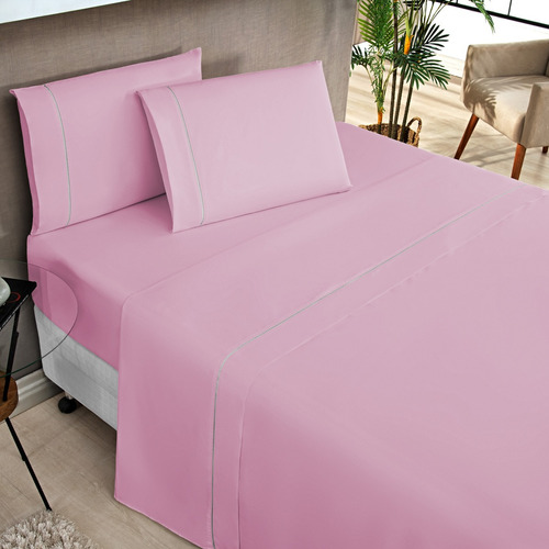 Jogo De Cama Queen Size 4 Peças Ponto Palito Lençol Elástico Cor Rosa