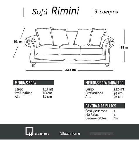 Sofa Rimini 3 Cuerpos Tela Velvet - Latam Home