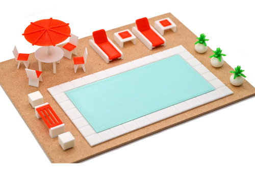 Muebles Para Maquetas Y/o Dioramas Set Jardín Alberca Rojo