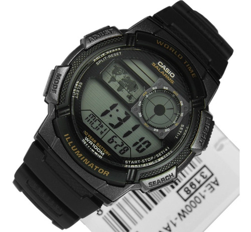 Reloj de pulsera Casio Youth Series AE-1000 de cuerpo color negro, digital, para hombre, fondo negro, con correa de resina color negro, dial negro, subesferas color gris, minutero/segundero negro, bisel color negro, luz ámbar y hebilla simple