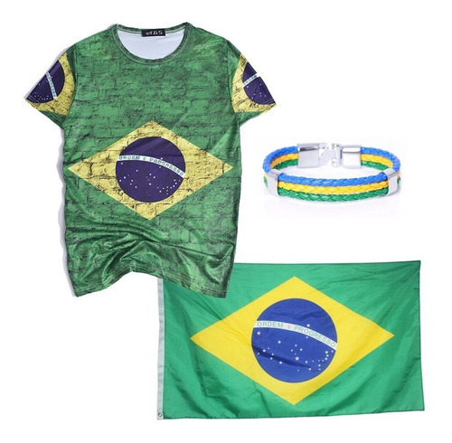 Camiseta + Bandeira Do Brasil + Pulseira Couro Importados