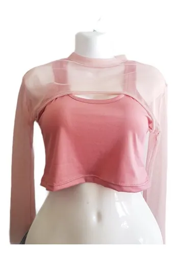 Blusa Crop-top Transparente Manga Larga