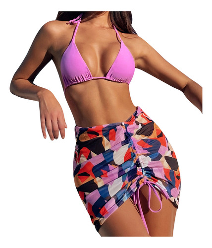 3 Piezas Traje De Mujer Falda Bikini Conjunto Push-up Pad Tr