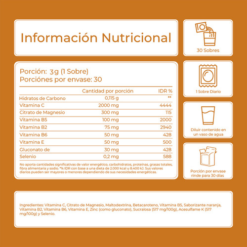 Vitaminas En Polvo Sobres Docis Diaria Complejo Vitamínico Vit C Plus Bylappiel Sabor Naranja Naranja