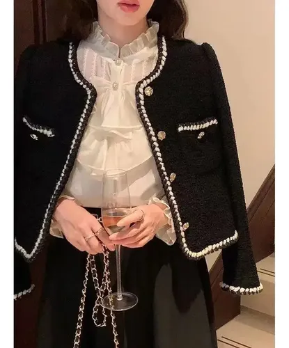Chaqueta Corta Estilo Tweed Francés Para Mujer Elegant Socialite