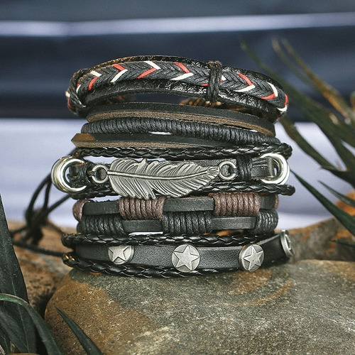 Set 5 Pulsera Manilla Brazalete De Cuero Pluma Hombre Mujer