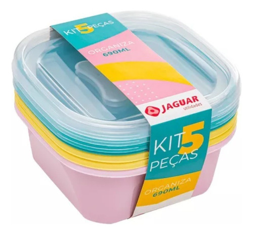 Kit 5 Potes Organizacionais Tampa 690ml Quaadrado Freezer Cor Colorido