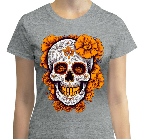 Playera Diseño Calavera Mexicana- Flor Naranja - Día Muertos