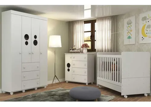 Quarto Bebê Completo Infantil Com Guarda-roupa Cômoda  Berço E Colchão Incluso Pimpolho Multimóveis Branco 3 Anos De Garantia