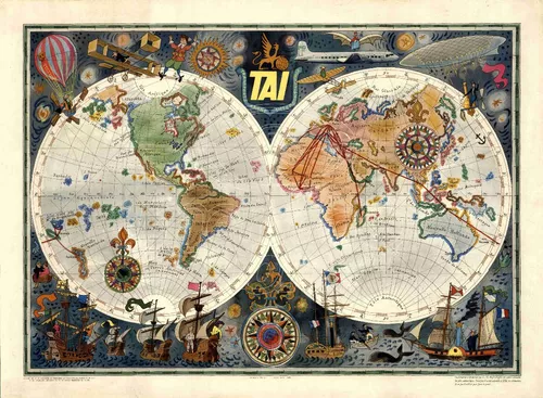 Lienzo Tela Poster Mapa Mundi Rutas Aereas Tai 1960 140x220