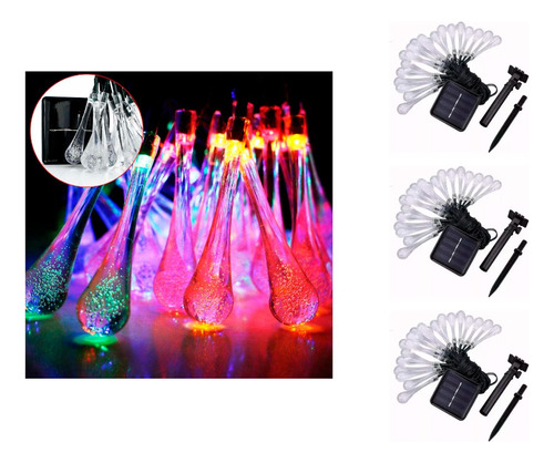 Pack X3 Guirnalda Gota De Agua Luz Led Colores Carga Solar