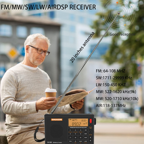 Radio Portátil De Onda Corta Sihuadon R-108 Negra Fm/sw/mw/l