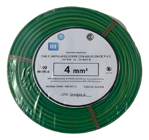 Cable Unipolar 4mm Rollo X 100mt 100% Cobre Certificado Iram Verde/amarillo